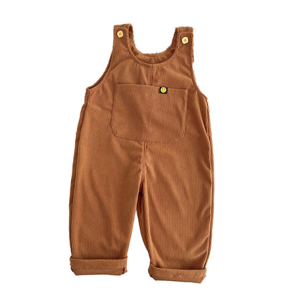 Childrens Corduroy Panties with Shoulder Strap Buckles, One-Piece Pants for Boys