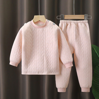 New pure cotton children's thermal underwear set, three-layer quilted and thickened thermal underwear for medium and large children, spring, autumn and winter pajamas set