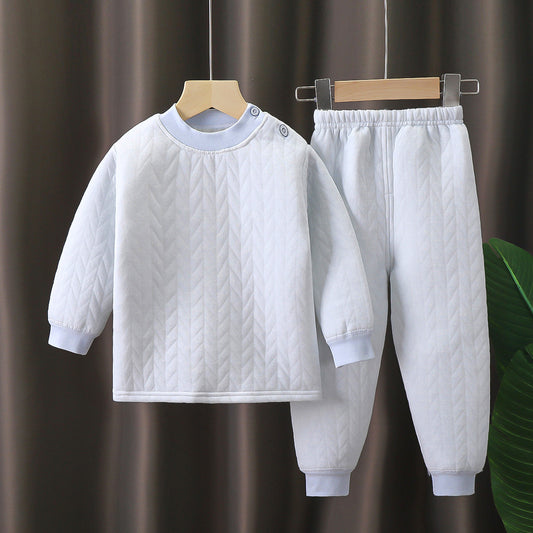 New pure cotton children's thermal underwear set, three-layer quilted and thickened thermal underwear for medium and large children, spring, autumn and winter pajamas set