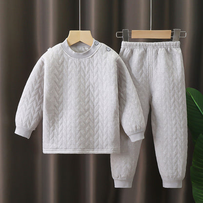 New pure cotton children's thermal underwear set, three-layer quilted and thickened thermal underwear for medium and large children, spring, autumn and winter pajamas set