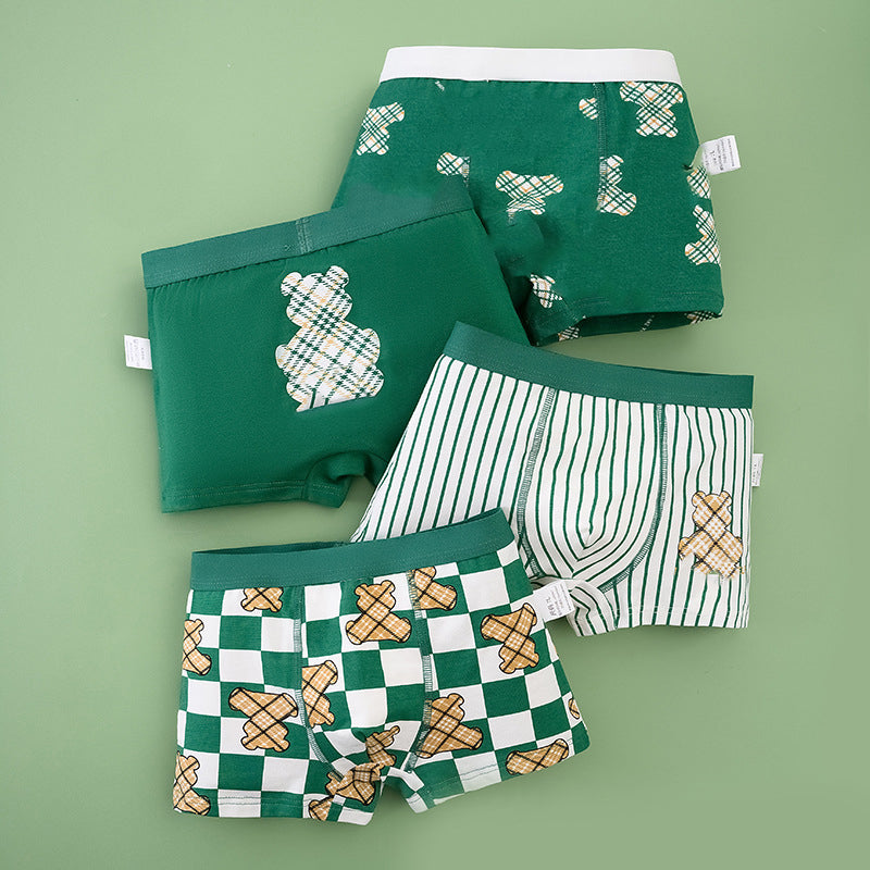 Boys' cotton boxer briefs with cartoon bear design, boys' briefs, student briefs.