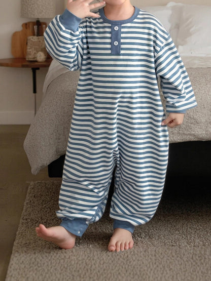 Childrens autumn striped onesie pajamas baby pure cotton loose fitting romper home wear