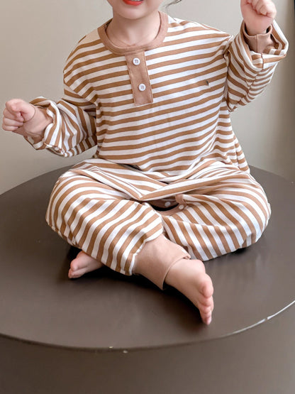 Childrens autumn striped onesie pajamas baby pure cotton loose fitting romper home wear