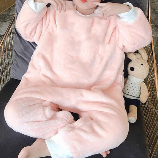 Thickened split leg sleeping bag for boys girls and children anti kick blanket flannel fleece lined onesie home pajamas for autumn and winter
