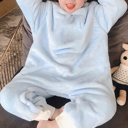 Thickened split leg sleeping bag for boys girls and children anti kick blanket flannel fleece lined onesie home pajamas for autumn and winter