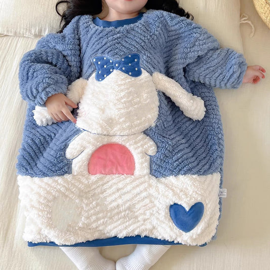 Cartoon flannel nightgown autumn and winter girls snap button sleeping bag childrens thick pajamas baby coral fleece anti kick blanket