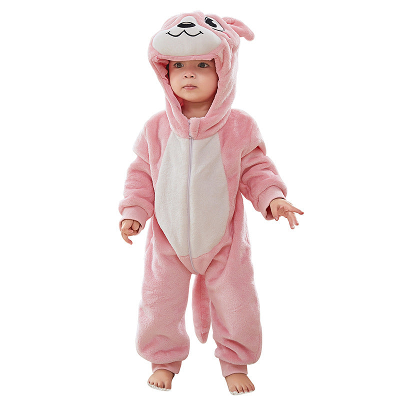 Animal-shaped baby romper, Class A flannel baby romper, autumn and winter style, hooded, cute cartoon style.