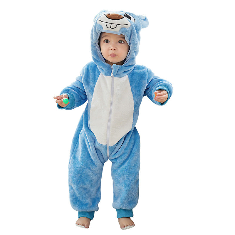 Animal-shaped baby romper, Class A flannel baby romper, autumn and winter style, hooded, cute cartoon style.