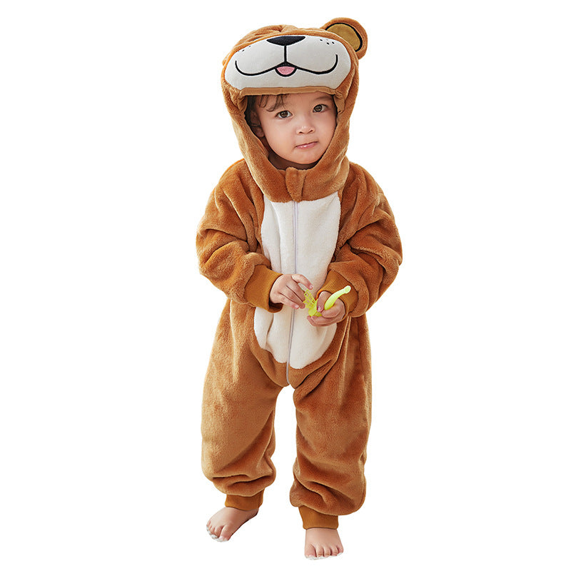 Animal-shaped baby romper, Class A flannel baby romper, autumn and winter style, hooded, cute cartoon style.
