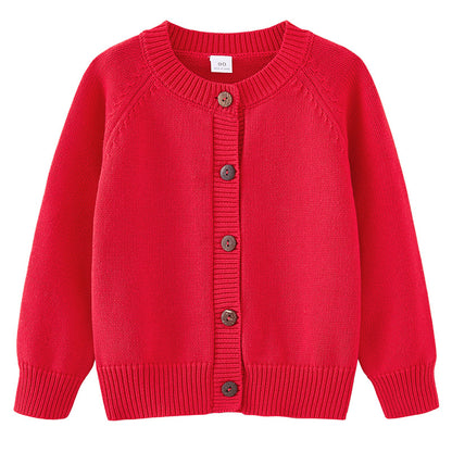 2026 Spring and Autumn Children's Clothing, Solid Color Round Neck Knitted Cardigan for Kids