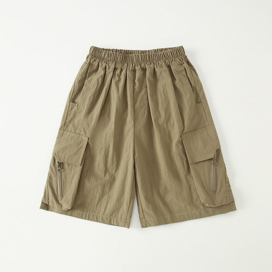 2026 new summer children's trendy cargo five-quarter pants with zipper pockets, lightweight breathable quick-drying shorts for older boys