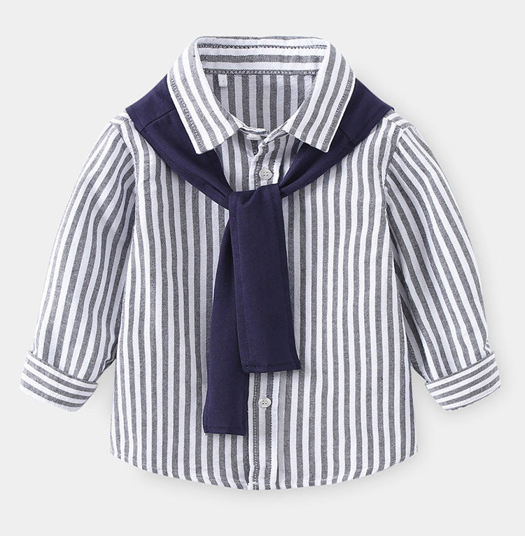 New simple fashion casual boys' long-sleeve shirt for spring and autumn, comfortable and stylish children's striped top with shawl