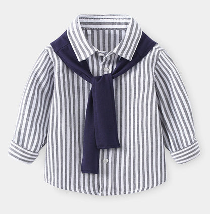 New simple fashion casual boys' long-sleeve shirt for spring and autumn, comfortable and stylish children's striped top with shawl