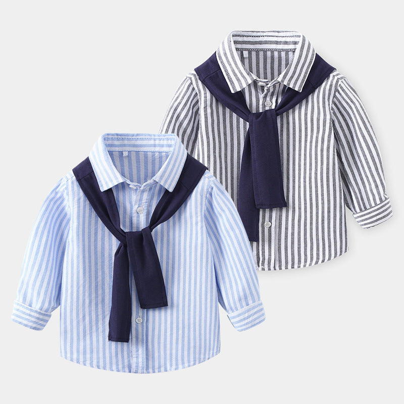 New simple fashion casual boys' long-sleeve shirt for spring and autumn, comfortable and stylish children's striped top with shawl