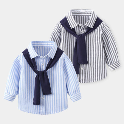 New simple fashion casual boys' long-sleeve shirt for spring and autumn, comfortable and stylish children's striped top with shawl