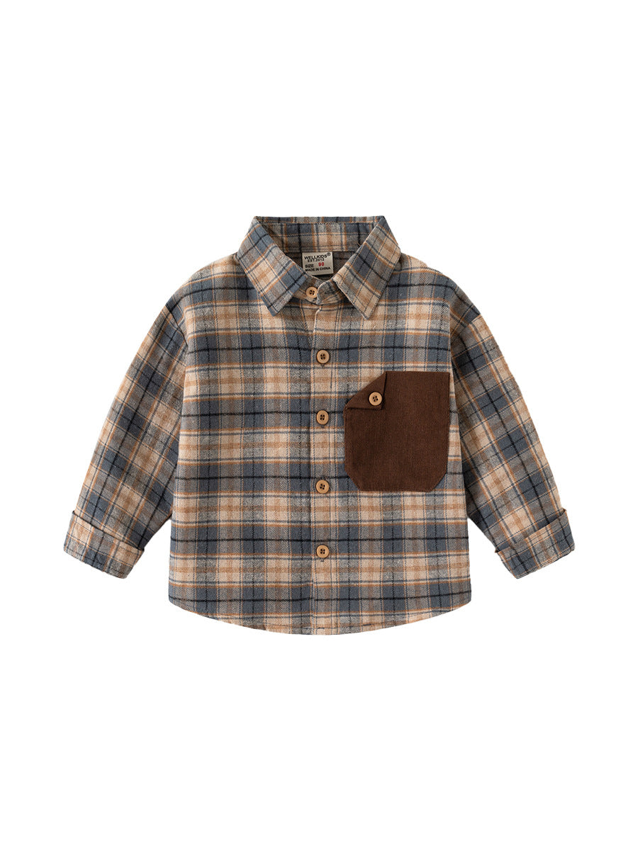 New spring boys' long-sleeve plaid shirt, pure cotton casual shirt for kids and babies