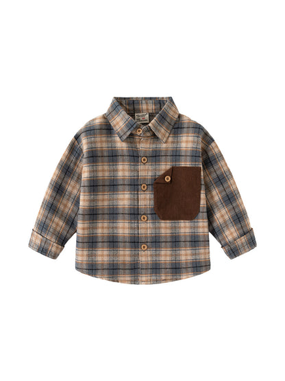 New spring boys' long-sleeve plaid shirt, pure cotton casual shirt for kids and babies