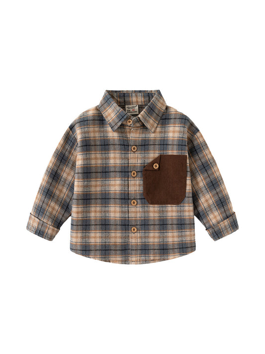 New spring boys' long-sleeve plaid shirt, pure cotton casual shirt for kids and babies