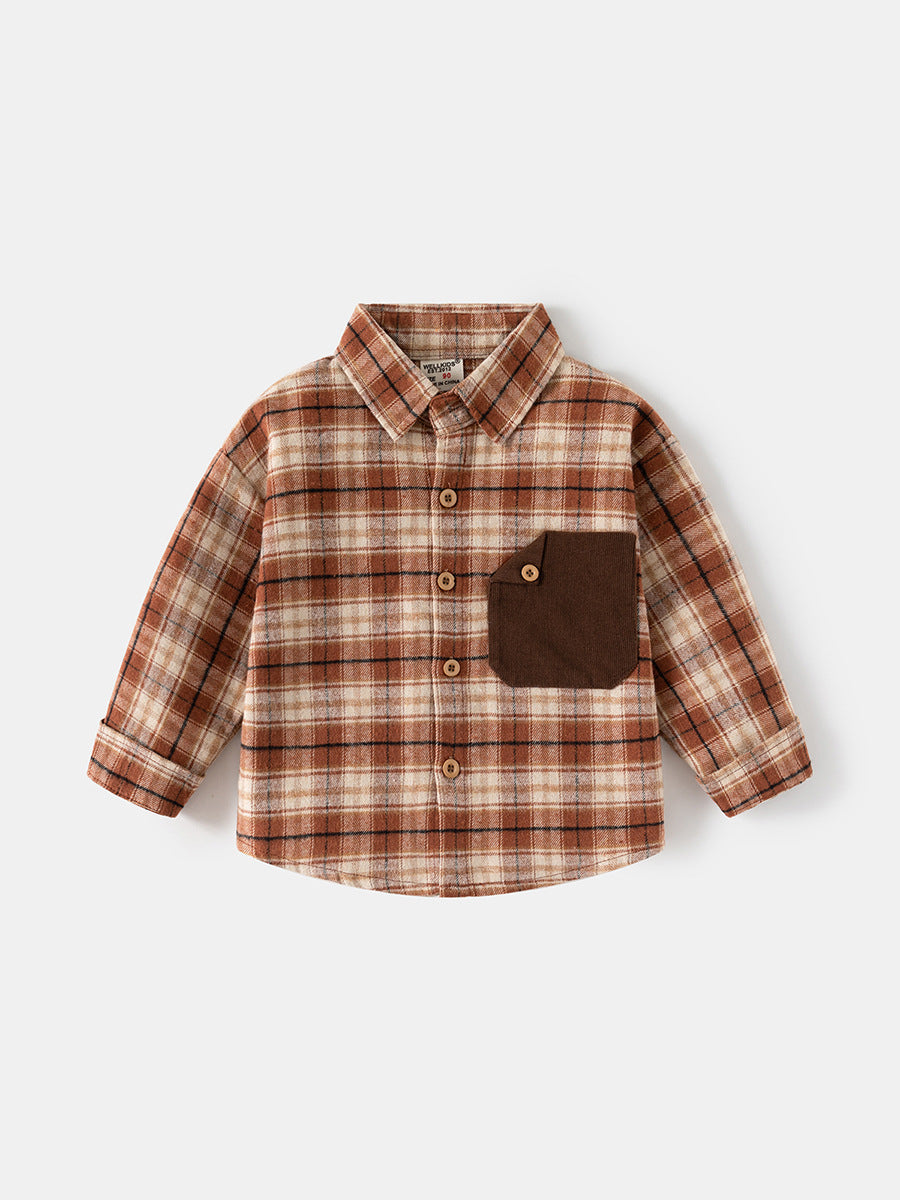 New spring boys' long-sleeve plaid shirt, pure cotton casual shirt for kids and babies