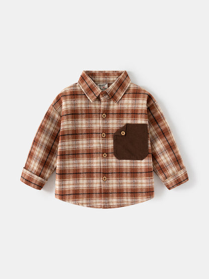 New spring boys' long-sleeve plaid shirt, pure cotton casual shirt for kids and babies