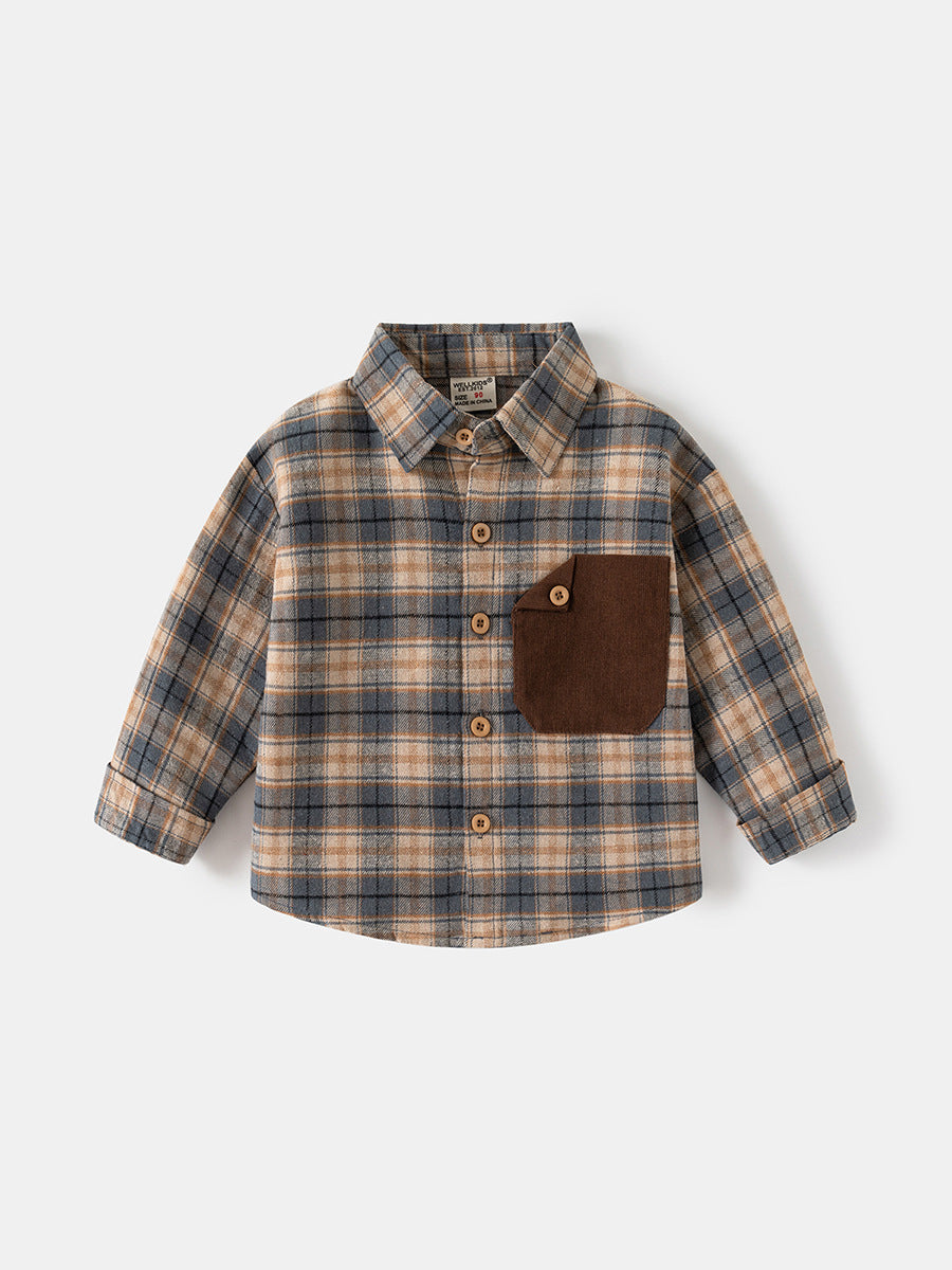 New spring boys' long-sleeve plaid shirt, pure cotton casual shirt for kids and babies