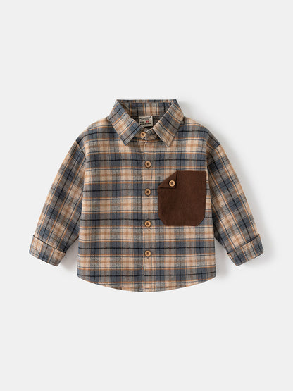 New spring boys' long-sleeve plaid shirt, pure cotton casual shirt for kids and babies