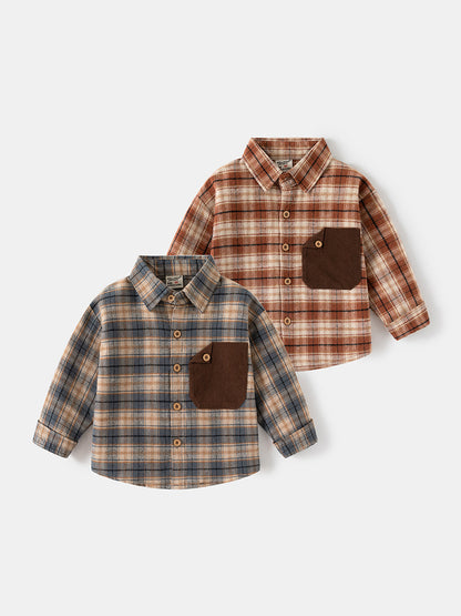 New spring boys' long-sleeve plaid shirt, pure cotton casual shirt for kids and babies