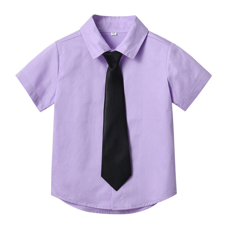 Children's summer solid color short-sleeve lapel cardigan with single-breasted buttons