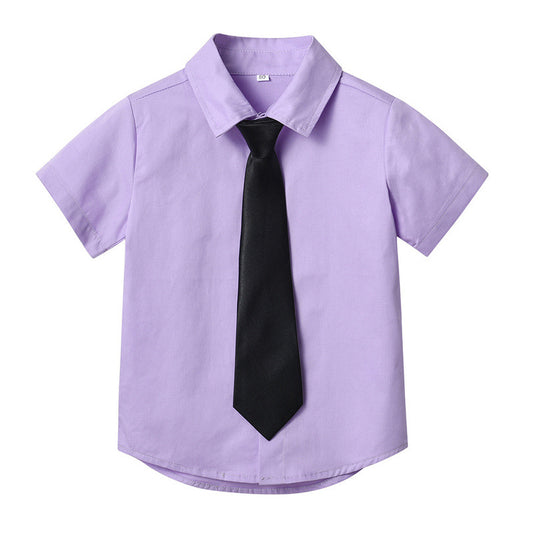 Children's summer solid color short-sleeve lapel cardigan with single-breasted buttons