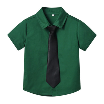 Children's summer solid color short-sleeve lapel cardigan with single-breasted buttons