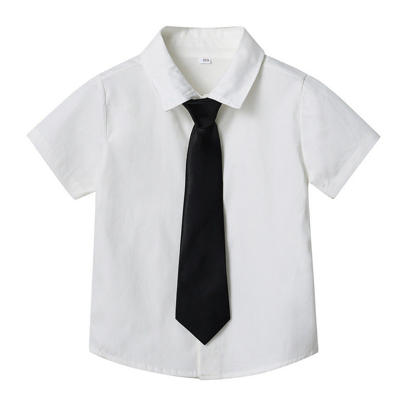 Children's summer solid color short-sleeve lapel cardigan with single-breasted buttons