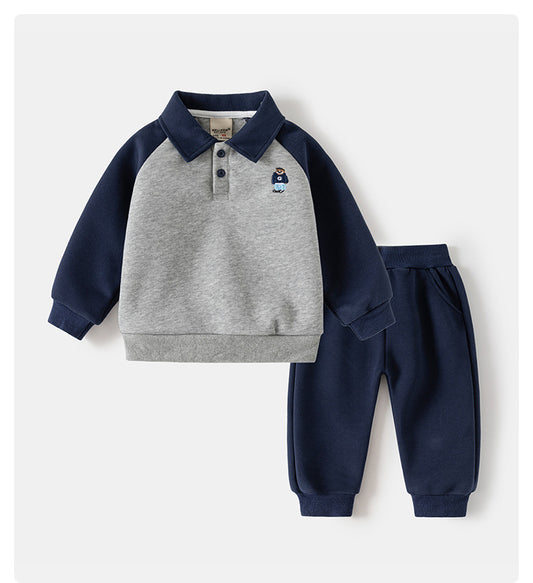 New spring children's clothing, Korean style polo collar sweatshirt set