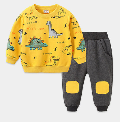 New children's cotton sportswear for students, loose and fashionable long-sleeve boys' set with cute and handsome small animal design