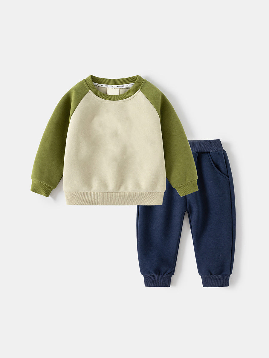Children's Letter Print Color Block Long-Sleeved Set Baby Sports Two-Piece Set Trendy