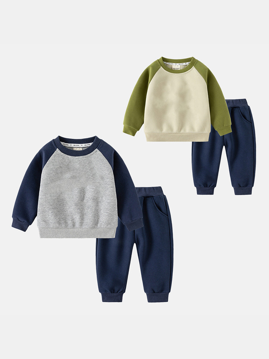 Children's Letter Print Color Block Long-Sleeved Set Baby Sports Two-Piece Set Trendy
