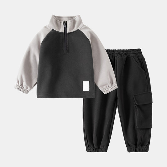 Boys' Sweatshirt and Pants Two-Piece Set with Stand Collar, Color Block Design